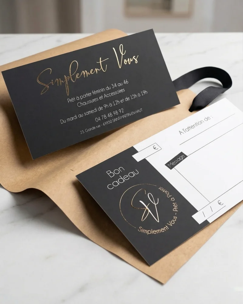 Bon cadeau Simplement Vous — finition soft touch et calligraphie rose gold